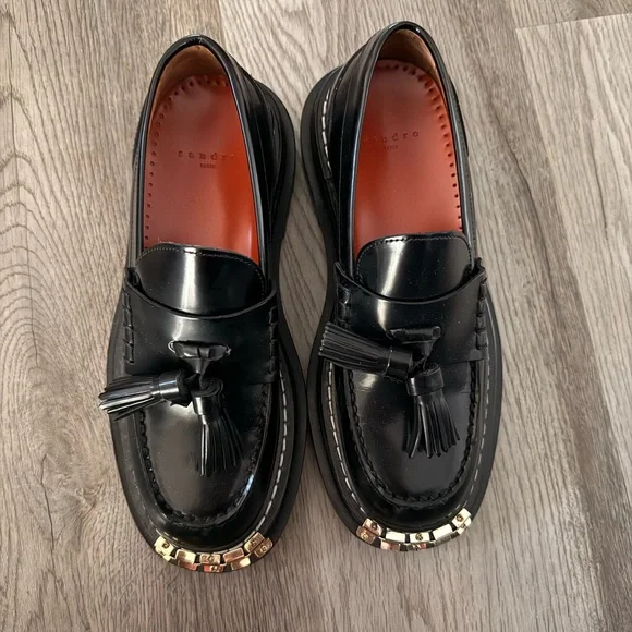 Sandro Black Tassel Loafers with Gold Accents - Picture 4 of 6